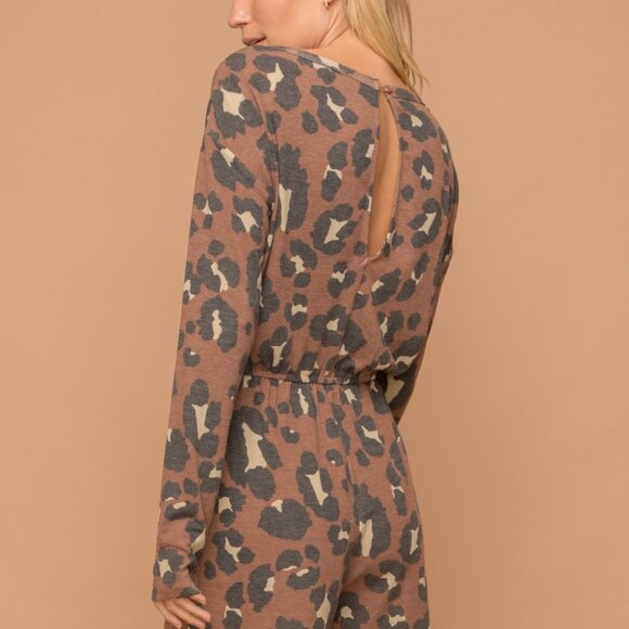HEM & THREAD Brown Leopard Print Long Sleeve Romper, Soft Knit Lounge Jumpsuit - Picture 8 of 8